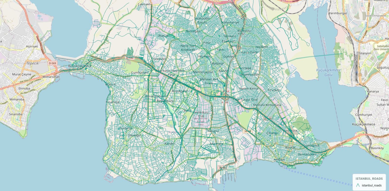 A map of western Istanbul covered in a dense teal network of roads, drawn by Graticula over an OpenStreetMap basemap.
