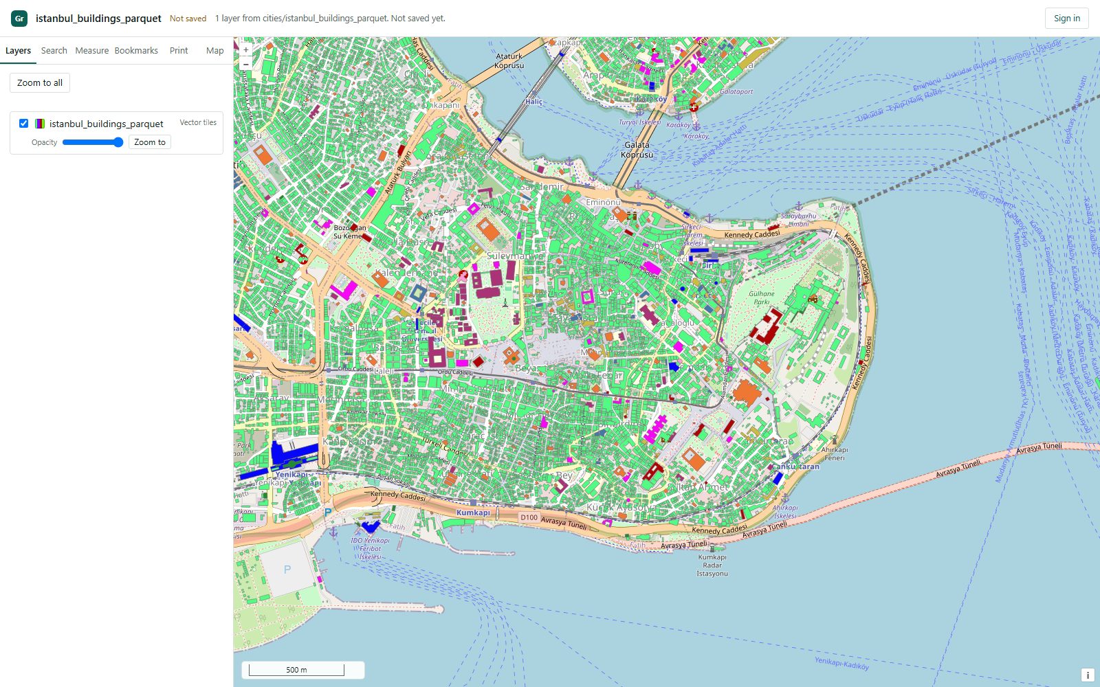 The Studio map viewer: a layer panel on the left and the buildings of Istanbul's historic peninsula drawn as vector tiles from a GeoParquet file.